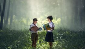 Thai students reading books in the rural area of Thailand